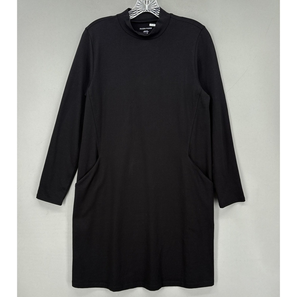 Eileen Fisher Dress XS‎ Black Mock Neck Long Sleeve Jersey Shift Pima Stretch